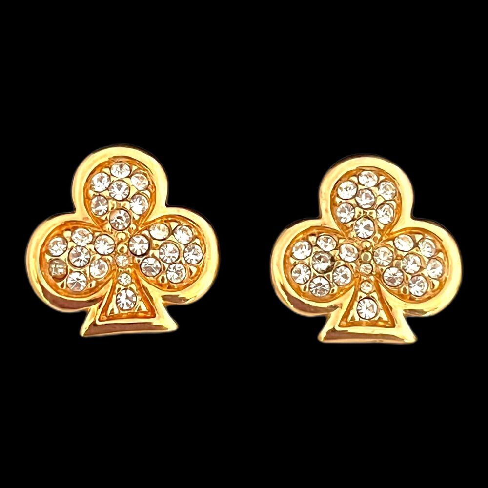 Vintage 1990s Swarovski Crystal Club Earrings Gold Tone Pierced - 7J